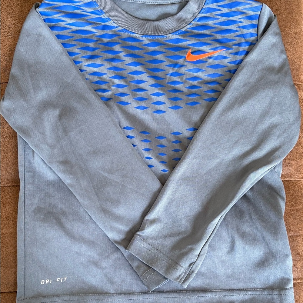 Nike Gray and Blue Dri-FIT Shirt with Orange Logo